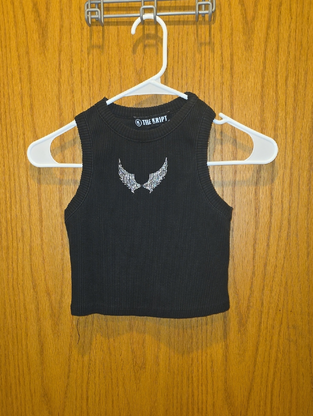 The Kript Women's Black Ribbed Tank with Sparkle Wing Detail